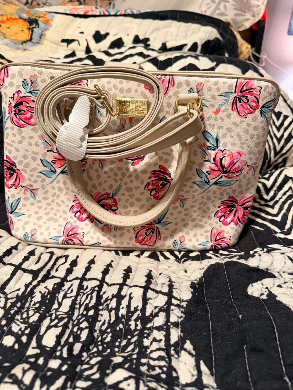 Betsey Johnson Cream Floral Satchel with Pink and Blue Blooms